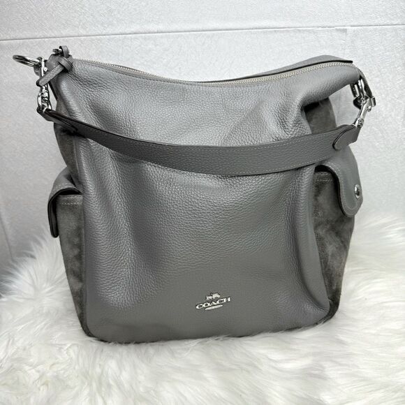 Coach Pennie Pebbled Leather Suede Shoulder Bag Gray - Picture 1 of 12